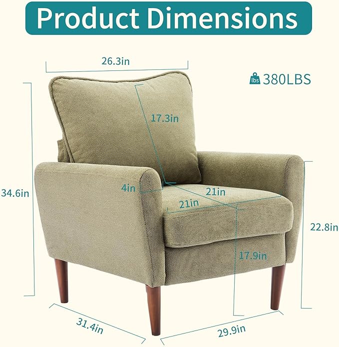 OLIXIS Comfy Accent Chair for Living Room Bedroom and Waiting Room Upholstered Mid-Century Reading Chair with Pillow and Solid Wood Legs Wide Singe Modern Lounge Sofa (Green)