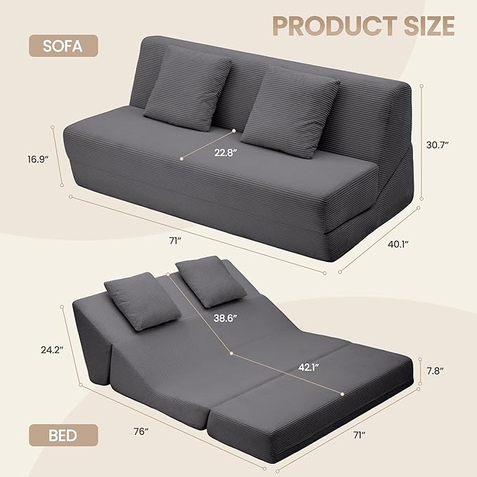 Folding Sofa Bed Convertible Sleeper Chair with Pillows High Support Memory Foam &amp Soft Corduroy Fbric Comfy Couch Bed Floor Loveseat Couch for Living Room Apartment Guest RoomGrey