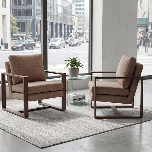 Modern Linen Accent Chair Set of 2 for Living Room Bedroom Mid Century Armchairs with Metal Frame Upholstered Office Accent Chairs Comfy Waiting Room Chairs with Metal Frame Espresso Brown