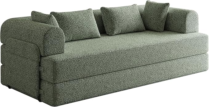 78.7 Chenille 4-in-1 Folding Convertible Sofa Bed Boneless Couches with 4 Pillows &amp Convenient Side Pockets Comfy Foldable Compressed Sofa in Box Floor Sofa Lounge Couch for Living Room(Green)