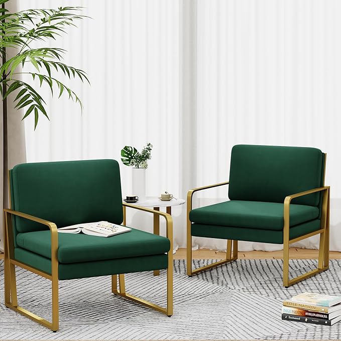 ALISH Accent Chairs Upholstered Armchair Modern Living Room Chairs Linen Arm Chair Side Sofa Chairs Reading Chairs with Metal Legs for Bedroom Living Room (Green Set of 1)