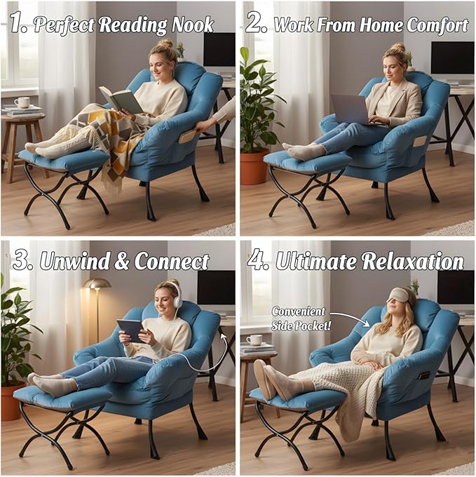 Tiita Lazy Chair with Ottoman Blue Chiars Modern Large Accent Armchair Comfy Leisure Sofa Reading Chair with Footrest for Bedroom Living Room Dorm Rooms Garden Velvet Light Blue