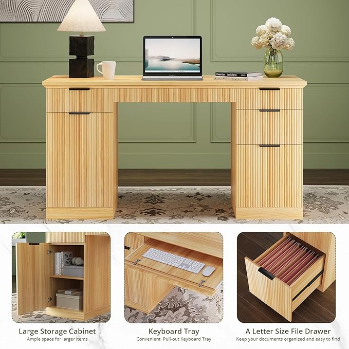 FURSUN 58 Executive Desk with Charging Station &amp File Drawer Modern Fluted Home Office Desk with 5 Drawers &amp Keyboard Tray Large Computer Writing Desk Natural Oak