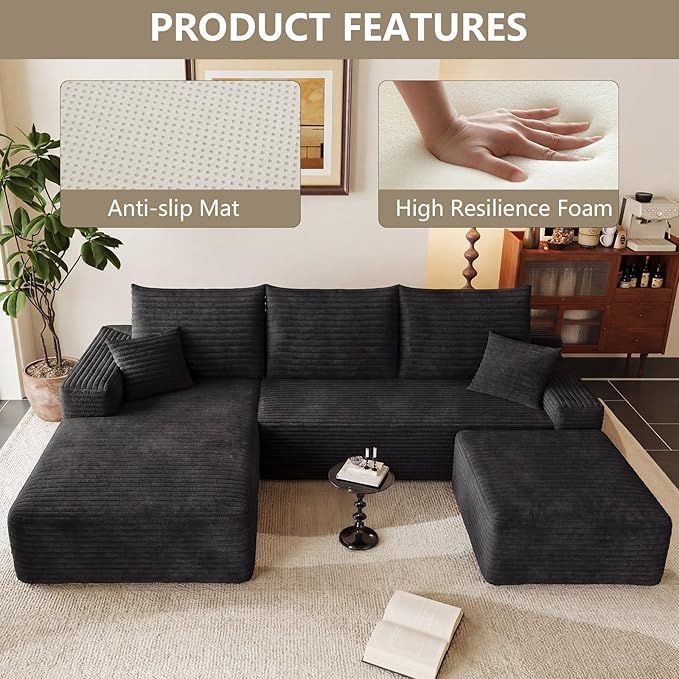 95 Modular Sectional Sofa Cloud Sectional Couch with Deep Seat Corduroy Boneless Couch with U Shaped Couch for Living Room No Assembly Required(Black Left Facing Chaise)