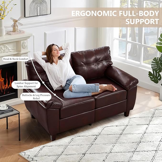 59 Faux Leather Loveseat with Storage Mid-Century Modern PU Sofa Couch with Tufted Seat &amp Back Deep Seat Small Sofa for Living Room Apartment Office Vintage Upholstered 2-Seater Couch Burgu