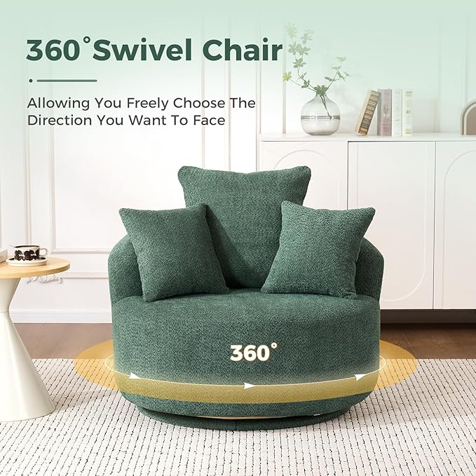 360°Swivel Accent Barrel Chair - 38.6W Boneless Oversized Upholstered with 3 Removable Pillows High-Resilience Sponge &amp Tuck Stitch Fabric Comfy Round Sofa Chair for Living Room Bedroom Apartm
