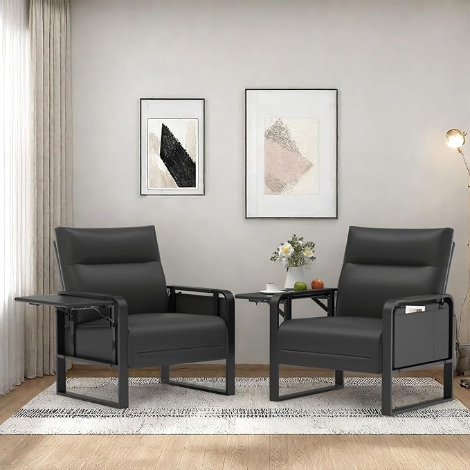 Modern Accent Chair Set of 2 Mid Century Armchair with Side Table &amp Metal LegsUpholstered Faux Leather Sofa Side Chairs for Living Room Reading OfficeBedroom(Black)