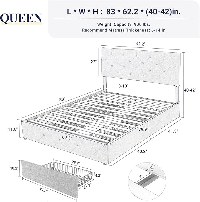 Allewie Upholstered Queen Size Platform Bed Frame with 4 Storage Drawers and Headboard Diamond Stitched Button Tufted Mattress Foundation with Wooden Slats Support No Box Spring Needed Black