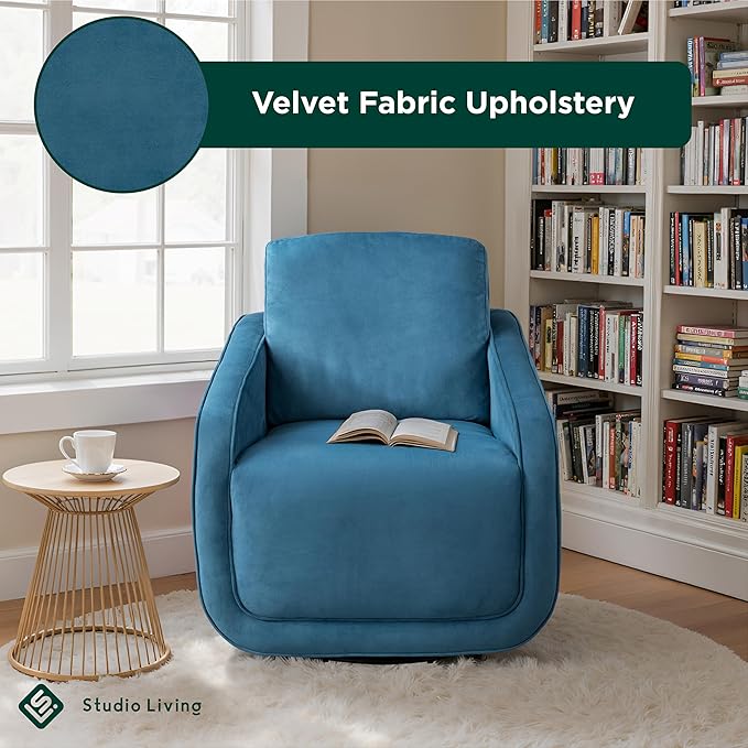Studio Living® Lydia 35.3 Swivel Accent Chair Modern Boho Fully Assembled Pocket Coil Comfort Round Swivel Base Leg Soft Velvet Fabric Blue
