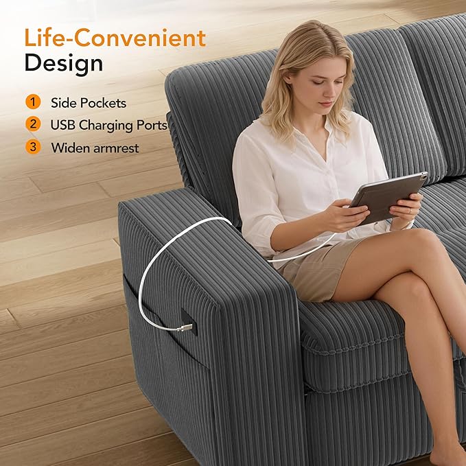 WEUP 105 Sectional Sofa with Pull Out Bed U Shaped 4 Seat Sleeper Sofa with 2 Storage Adjustable Backrest USB Ports Tool-Free Assembly Plush Corduroy Sectional Couches for Living Room Dark Grey