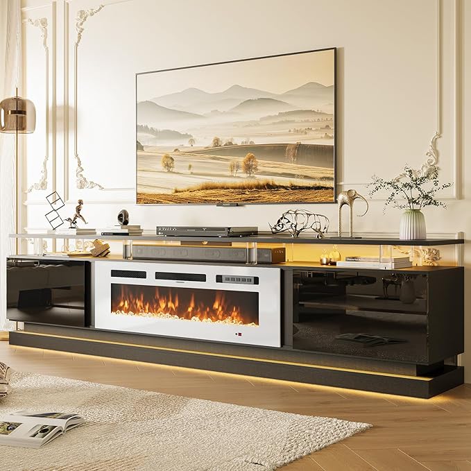 80 Fireplace TV Stand Modern Entertainment Center for TVs Up to 90 TV Console with Storage Cabinets Media Console for Living Room Black TV Stand and White Fireplace