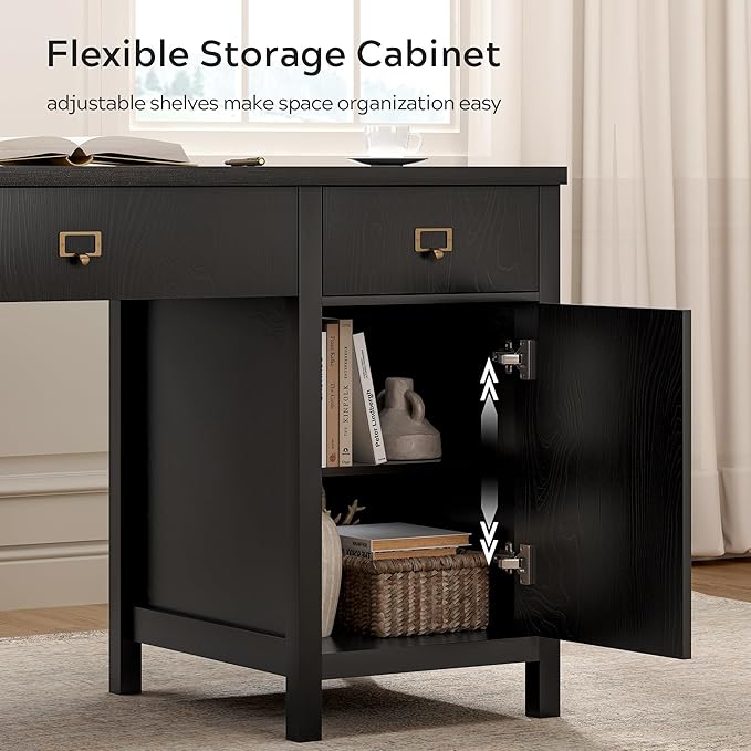 59 Executive Desk with File Drawers Cabinet Modern Computer Desk with Charging Station Keyboard Tray Large Home Office Desk Farmhouse Wood Desk for Study Writing Black