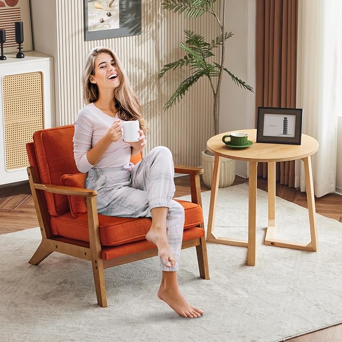 Karl home Accent Chair Wide Armrest Mid-Century Lounge Chair Linen Fabric Armchair with Lumbar Pillow &amp Solid Wood Frame for Living Room Bedroom Balcony Burnt Orange
