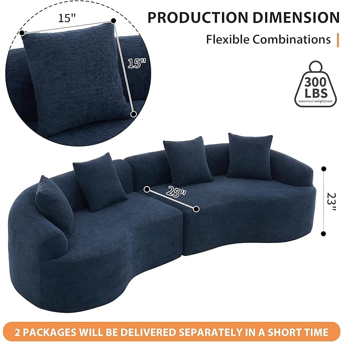 Oversized Sectional Sofa for Living Room 110 Modern Luxury Chenille 4-Seater Extra Deep &amp Wide Seat Curved Cloud Couch with 4 Throw Pillows No Assembly Needed Cream Blue