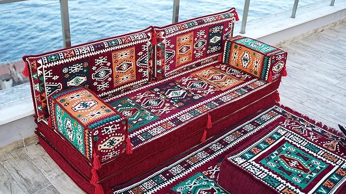 arabicsofa Maroon Arabic Majlis Sofa with Cushions – Modular Loveseat Floor Sofa for Living Room