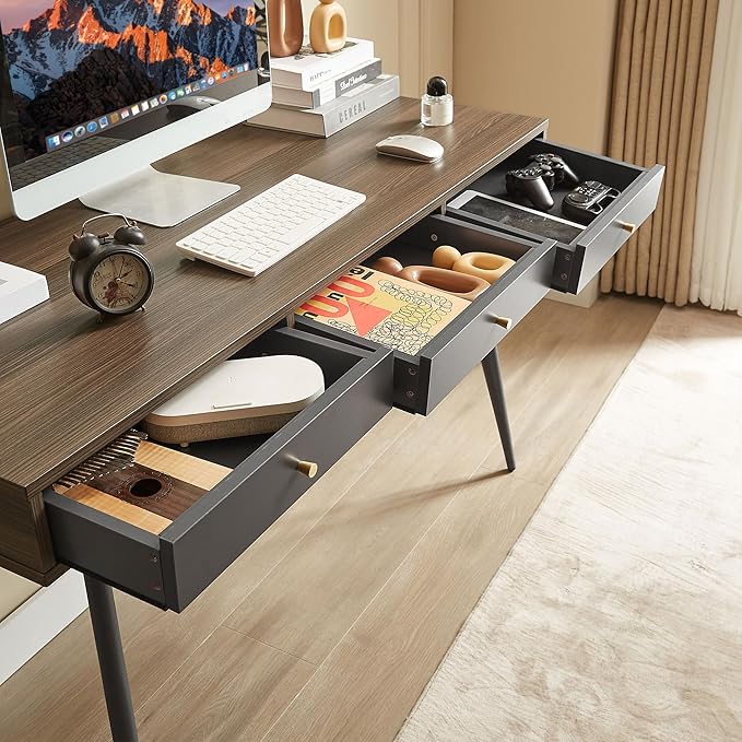 JUSTONE 47 Computer Desk with 3 Storage Drawers - Multi-Functional Home Office Desk &amp Makeup Vanity - Modern Writing Desk with Built-in Organization - Walnut &amp Dark Grey Two-Tone Workstation