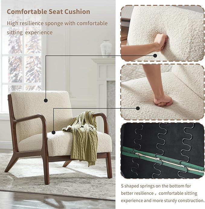 SILKIR Mid-Century Modern Accent Chair with Cushions Living Room Chair with Solid Wood Frame Lounge Chair Chair for Living Room Office Bedroom Lambswool White