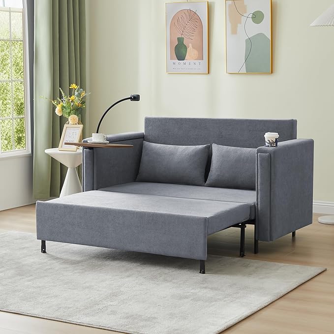 ORRD Pull Out Sofa Bed 2-in-1 Multi-Functional Sleeper Couch Small Loveseat Bed with Hidden Side Table Phone Holder and Cup Holder for Living Room Small Space Apartment (Grey)