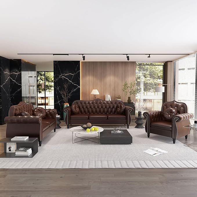 Modern PU Tufted Couch 2 Seater with Rolled Arms and Nailhead Deep Button Nailhead Tufted Loveseat Leather Couch Roll Arm Classic Tufted Chesterfield Settee Leather Sofa for Living Room (Brown)