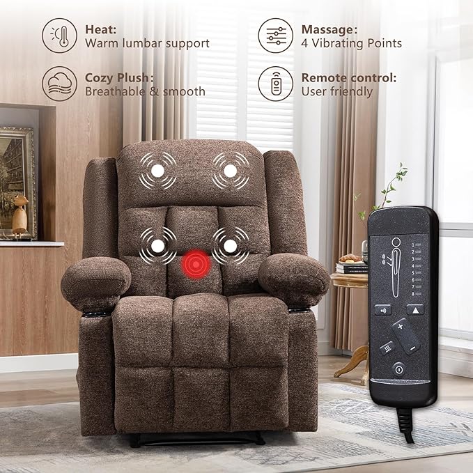 EBELLO Manual Recliner Chair for Adults with Vibration Massage and Lumbar Heating Soft Fabric Recliner Single Sofa for Living Room with Side Pocket and Two Cup Holders Brown