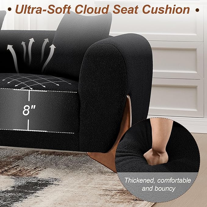 87 Sherpa Boucle Cloud Couch Modern 3 Seater Sofa with Solid Wood Legs 25 Extra Deep Seat Comfy Thick Cushion Upholstered Sofa Couches with 3 Pillows for Living Room Black