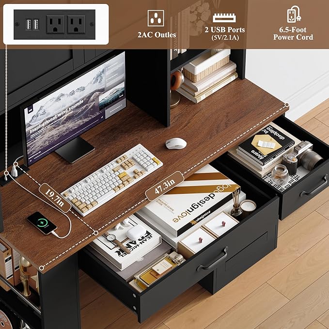 Keyluv 71 Tall Computer Desk with Hutch Cabinet Home Office Desk with Storage Drawers Shelves and Side Rack Wood Executive Desk with Doors Outlet Station and Smart LED Lights Black