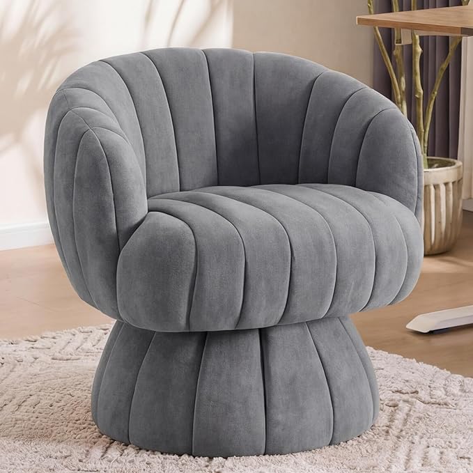 Mid Century Modern 360 Degree Barrel Swivel Accent Sofa ChairFluffy Velvet Fabric Lounge Wide Upholstered Pumpkin Reading Chair Round Cloud Armchair for Living RoomBedroomVanity(Gray)