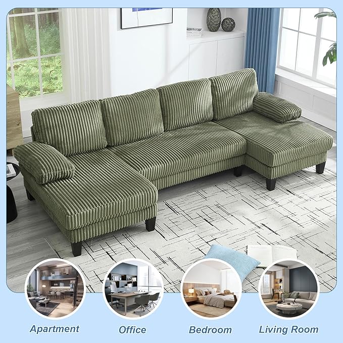 Sectional Couches for Living Room 114 Cloud Couch Modular Sofa Convertible U Shaped Couchs with Double Chaise 4-Seat Deep Seats Corduroy Sleeper Sofas for Home Furniture Green