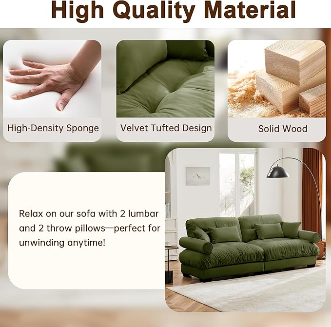 Velvet Loveseat Sofa93.7 W Oversized Fluffy Tufted 2-Seat Cloud Couch with 25.6 Seat DepthComfy Modern Deep Seat Sofa with Bolster Armrest PillowsGreen