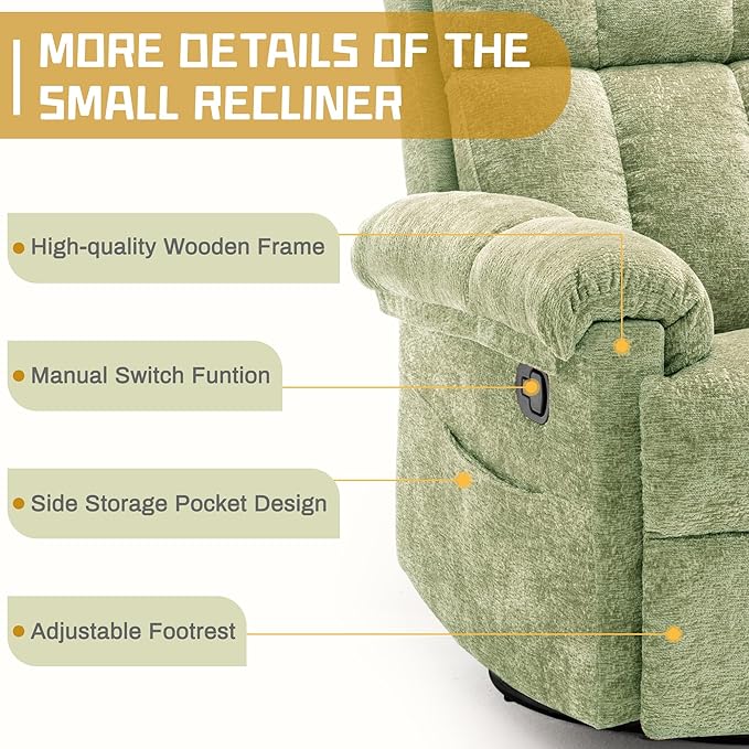 Recliner Chair Swivel Rocker Recliner Chair for Adults Small Recliners for Small Spaces Upholstered Manual Recliner with Side Pockets Nursery Rocking Chair for Living Room Chenille Green