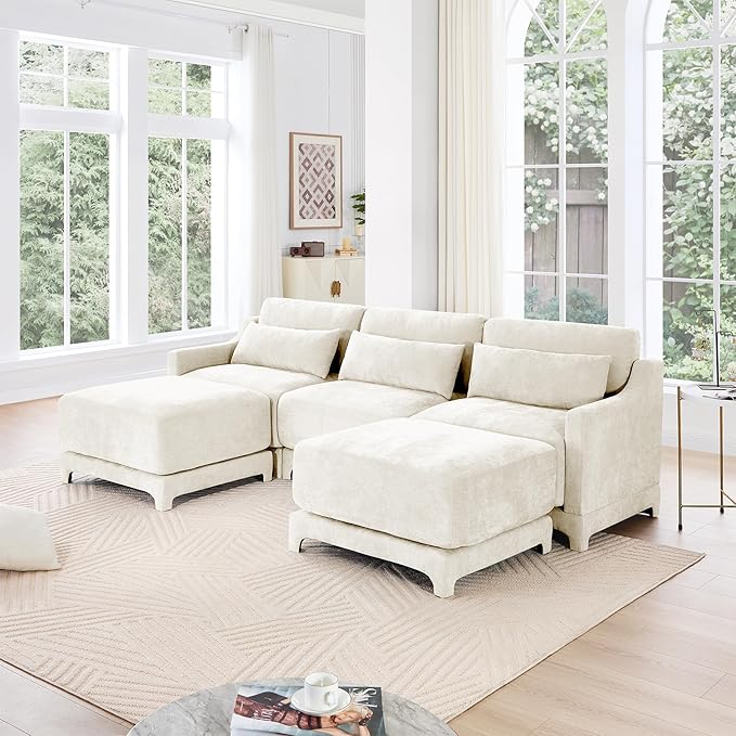 Ball &amp Cast 105.9” Modular Sectional Sofa Comfy Cloud Couch with Lumbar Pillows and OttomanDeep Seat Chenille U Shaped Modular Sofa Sectional Couches for Living Room Bedroom and Apartment Bei