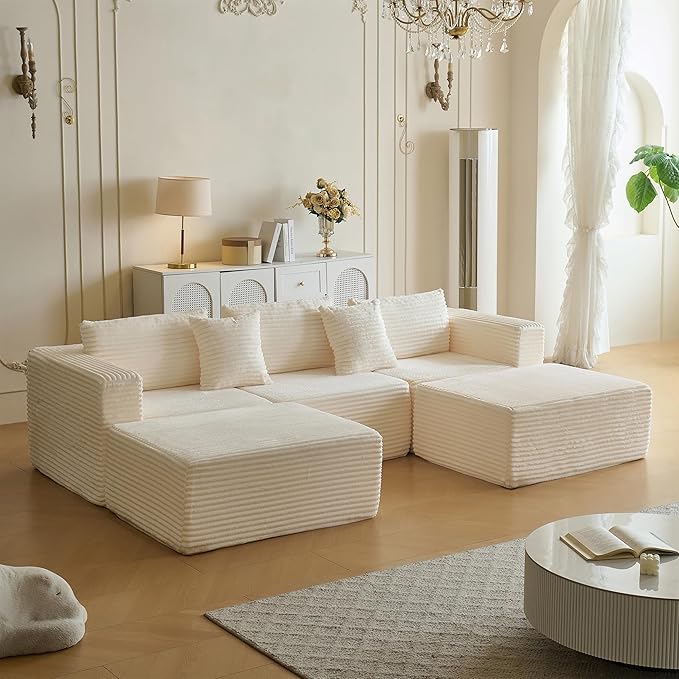 110 Modular Sectional Couch with 2 Movable Ottoman Cloud Sofa Couches for Living Room U Shaped Deep Seat Boneless SofaLuxury Corduroy Fabric No Assembly Required White