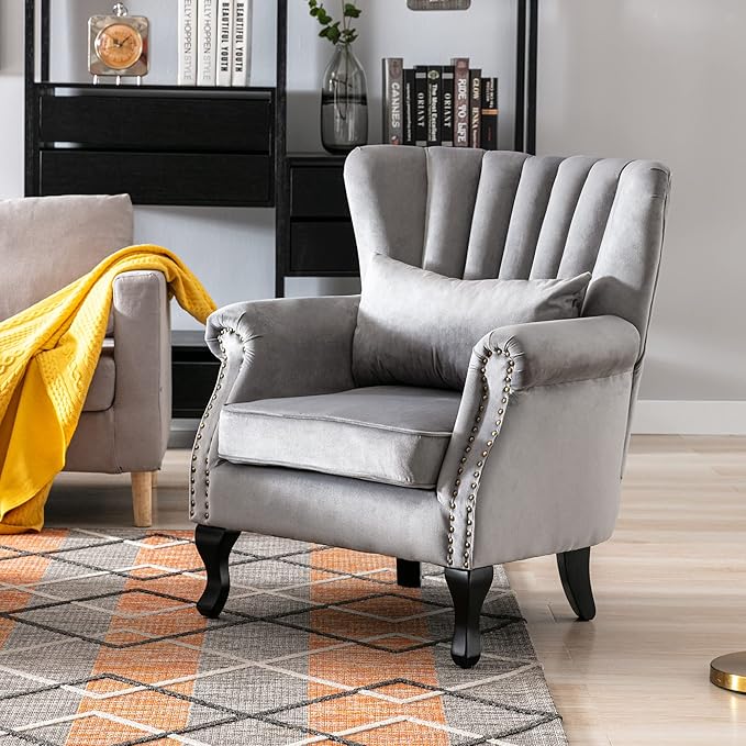chairus Mid-Century Modern Accent Chair Comfy Single Sofa Chair Channel Back Armchair with Small Pillow for Living Roon Bedroom Club - Velvet Grey