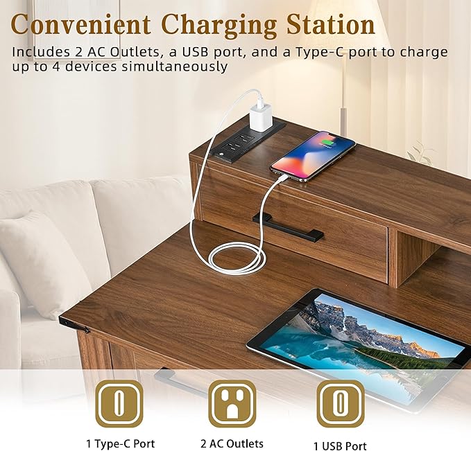 RiteSune 59.5 Farmhouse Computer Desk with USB Charging Station Fixed Monitor Stand with Drawers Keyboard Tray &amp File Cabinet Home Office Writing Desk with Large Storage