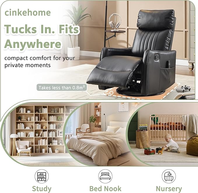 cinkehome Heated Massage Swivel Rocker Recliner Chair for Nursery - Small Space Reclining Chair with Lumbar Support 360° Swivel &amp Gentle Rocking Ergonomic High Back Faux Leather Black