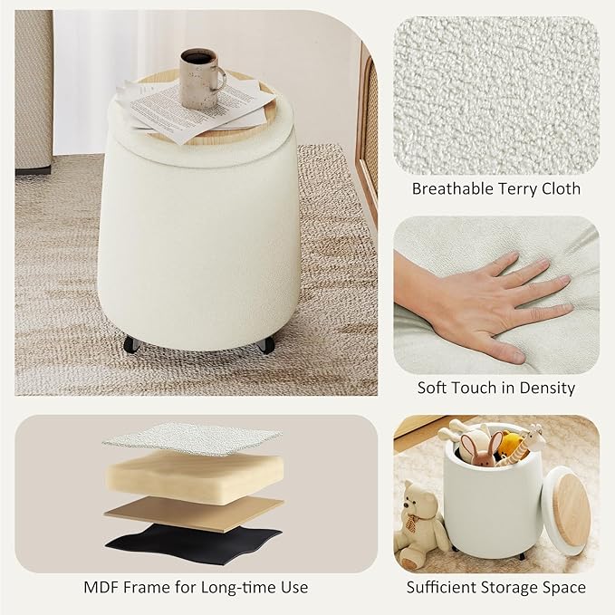 Storage Ottoman with Wheels 15“W Swivel Rolling Foot Stool Boucle Terry Fabric Coffee Table Ottoman with Hidden Storage Round Vanity Stools for Makeup Room Living Room Bedroom Entryway Dorm Beige