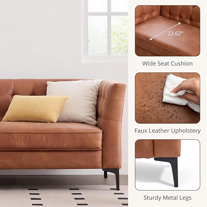 85'' W Faux Leather Sofa with Button Tufted 3 Seater Sofa with Metal Legs and Deep Seats Mid Century Modern Leather Couch for Living Room Bedroom Apartment Camel