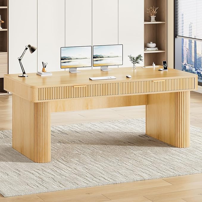 SEDETA Office Desk with 2 Drawers 59 Fluted Computer Desk with Storage and Power Strip Wood Executive Desk Writing Desk for Home Office Living Room Bedroom Oak