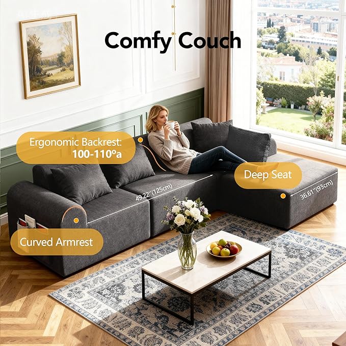Rengue 105.5 Cloud Boneless Sectional Sofa for Living Room 4-Seater L-Shaped Comfy Couch with Ottoman 4 Pillows Deep Seat Chenille Sofa No Assembly Required (Dark Grey) 72h to Restore