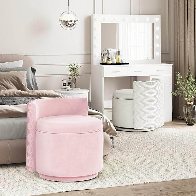360° Swivel Accent Chair with Storage Vanity Stool with Back Velvet Storage Ottoman Upholstered Round Barrel Vanity Chair for Living Room Makeup Room Bedroom (Pink)