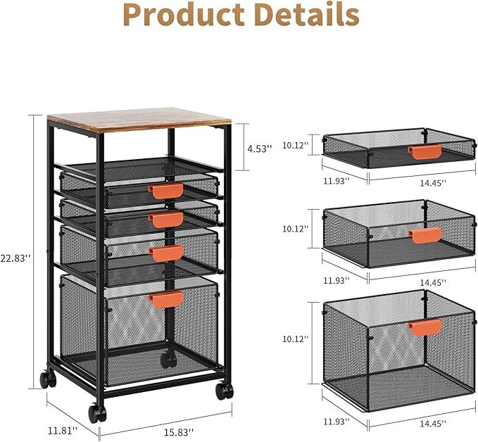 Marbrasse Rolling File Cart with 4 Storage Drawers Mobile File Cabinet on Lockable Wheels Hanging Filing Cabinet Organize Under Desk Utility Cart for Home Office - Dark Brown