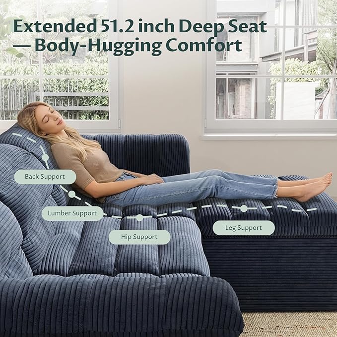 112 Boneless Sectional Couches for Living Room Modular Cloud Sectional Sofa with Ottoman Deep Seat Compressed Couch Bed Modern Upholstered L-Shape Corduroy Sofa No Assembly Required Blue