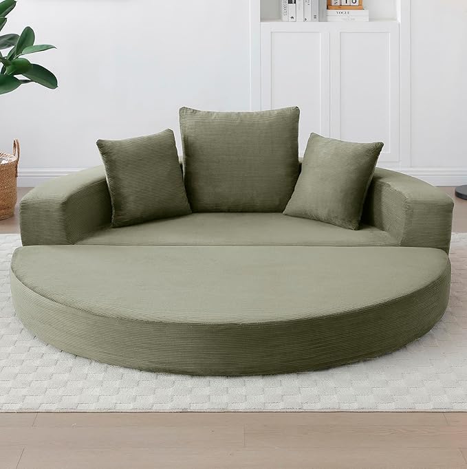 Green Boneless Loveseat Couch - 67 Circular Convertible Sofa Bed No Assembly Corduroy Folding Floor Futon with Pillows for Small Spaces (Green)