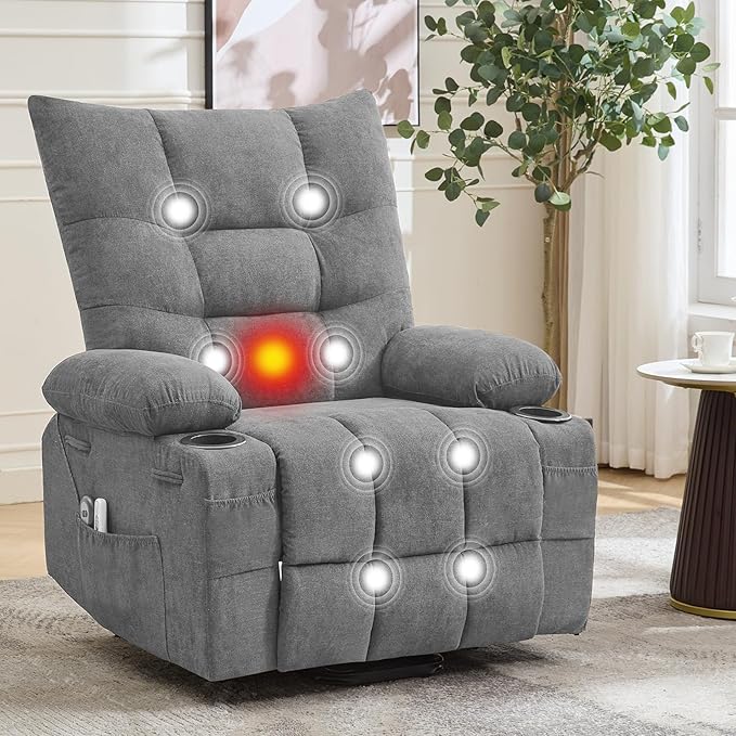 GarveeHome Power Lift Recliner Chair for Elderly with Massage and Heat Oversized Electric Massage &amp Heat Recliner with Soft Padded Upholstery Side Pocket &amp Cup Holders for Living Room Gray