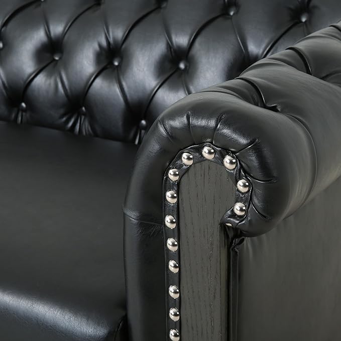 78.75''Chesterfield Sofa Couch Mid Century Modern Tufted Sofa with Rolled Arms and Nailhead 3-Seat PU Upholstered Couches with Solid Wood Legs for Living Room Office Black