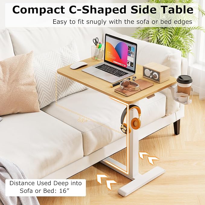 Tangkula Mobile Standing Desk Pneumatic Height Adjustable Rolling Desk with Cup Holder &amp Headphone Hook Overbed Table with Hidden Wheels Laptop Computer Cart for Couch Home Office (Natural)