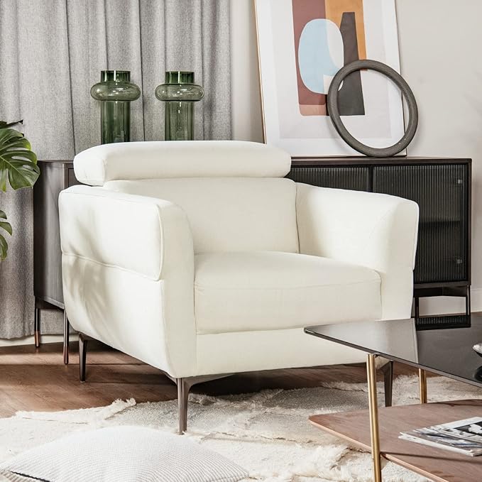Giantex Accent Chair Upholstered Single Sofa Chair with Adjustable Headrest Stable Metal Legs Armchair for Living Room Bedroom Office Reception Room White