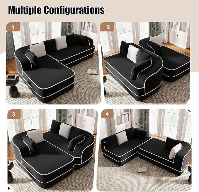 105.9 Modular Sectional Couch Sofa for Living RoomHigh Density Sponge Boneless Sofa with Left ChaiseL-Shaped Cloud Couch with Soft Teddy FabricNo Assembly RequiredBlack