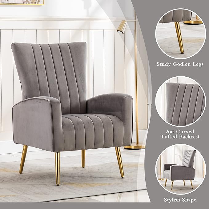 LSSPAID Velvet Accent Chairs Set of 1 Modern Fabric Upholstered Living Room Chairs Armchairs with Wing Back and Metal Legs Grey