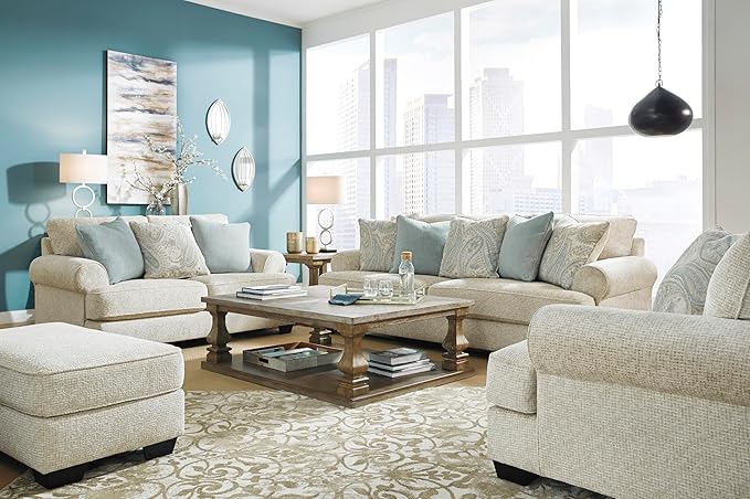 Signature Design by Ashley Monaghan Vintage Loveseat with Accent Pillows Reversible Cushions and Rolled Arms Beige